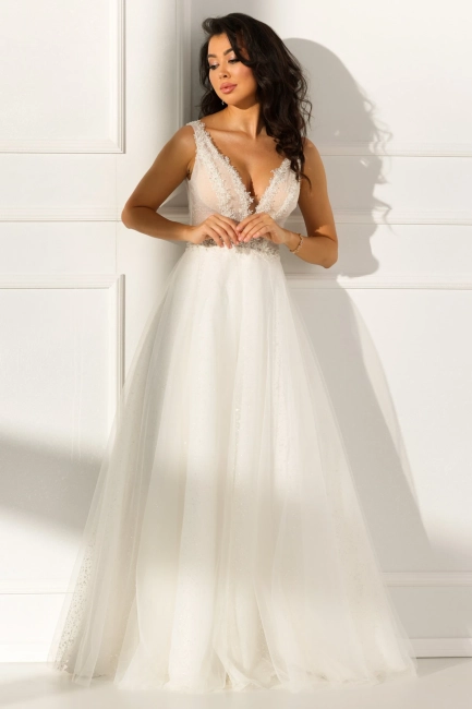 Tania suknia ślubna z brokatowym dołem