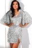 Cekinowa sukienka mini kopertowa z efektownymi rękawami 3