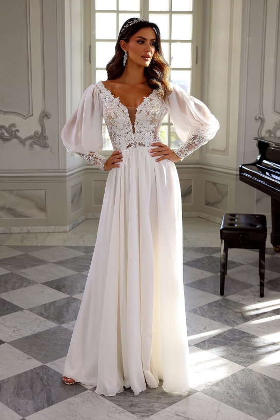 EMILY - Suknia ślubna z szyfonu muślinowego z rękawami