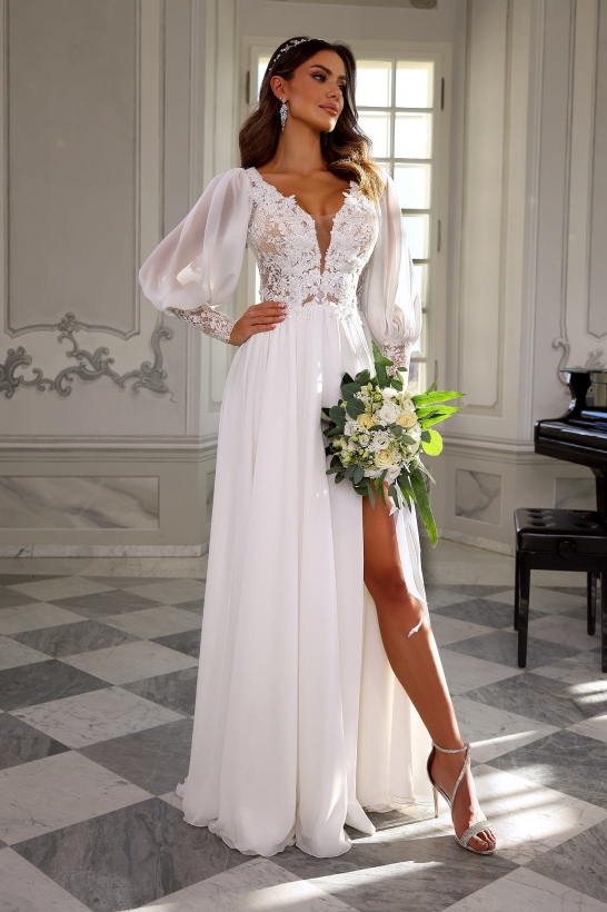 EMILY - Suknia ślubna z szyfonu muślinowego z rękawami 4