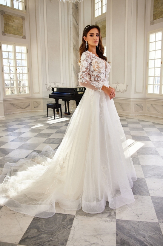 ELENI - Suknia ślubna w kwiaty 3D z pięknym trenem i rękawami 4