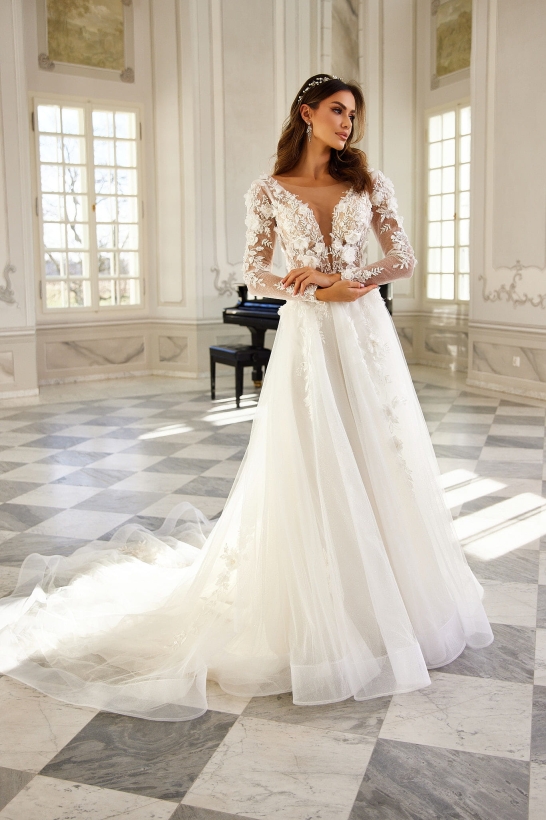 ELENI - Suknia ślubna w kwiaty 3D z pięknym trenem i rękawami 3