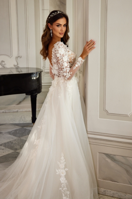 ELENI - Suknia ślubna w kwiaty 3D z pięknym trenem i rękawami 2