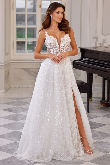 NATALIA - Suknia ślubna na ramiączka z dekoltem i dołem brokatowym