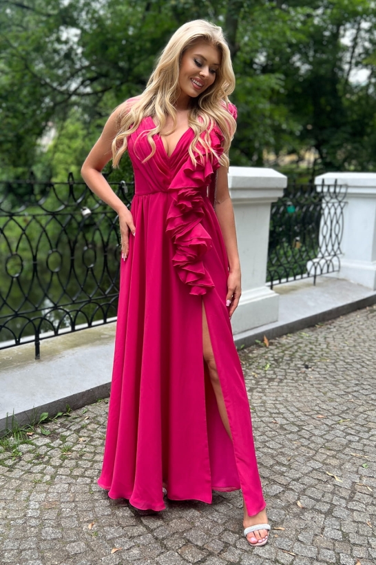 SHEIN FUKSJA - Piękna fuksjowa suknia z falbanami 5