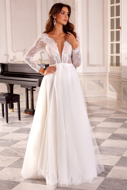 ANNAIS - Suknia z głębokim dekoltem i rękawami z koronki francuskiej